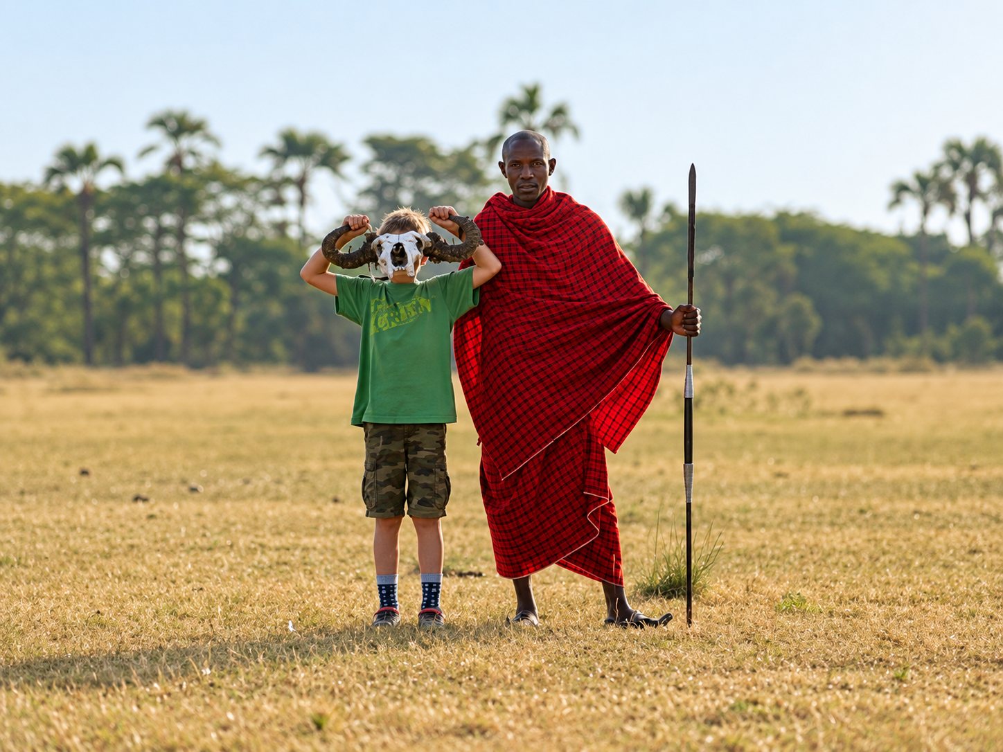 A Maasai guide with a young traveller in Tanzania
