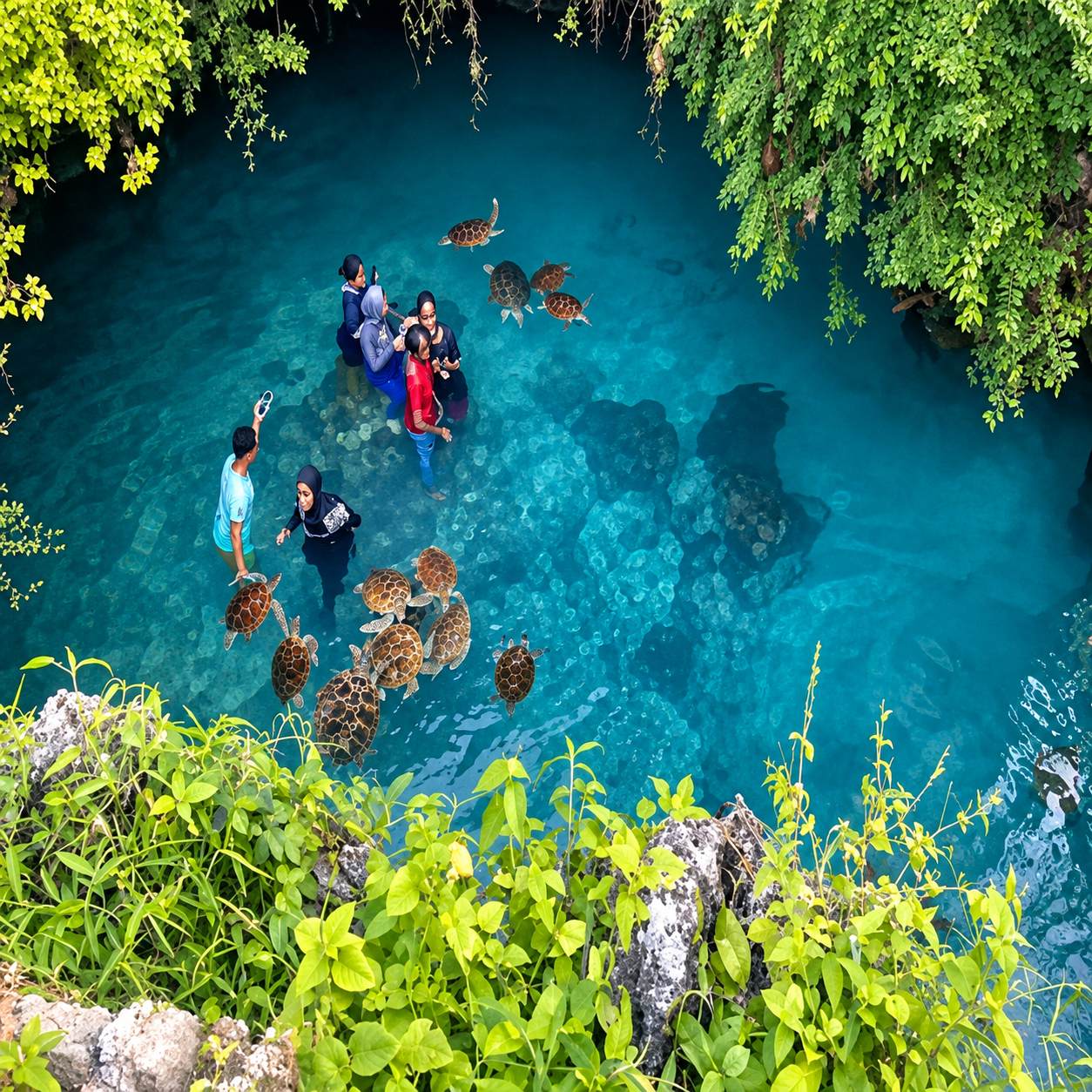 Travellers swimming with sea turtles in clear tropical water