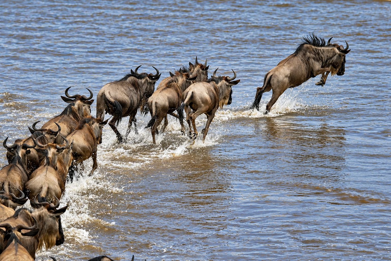 Wildebeest crossing a river during the Great Migration in Tanzania