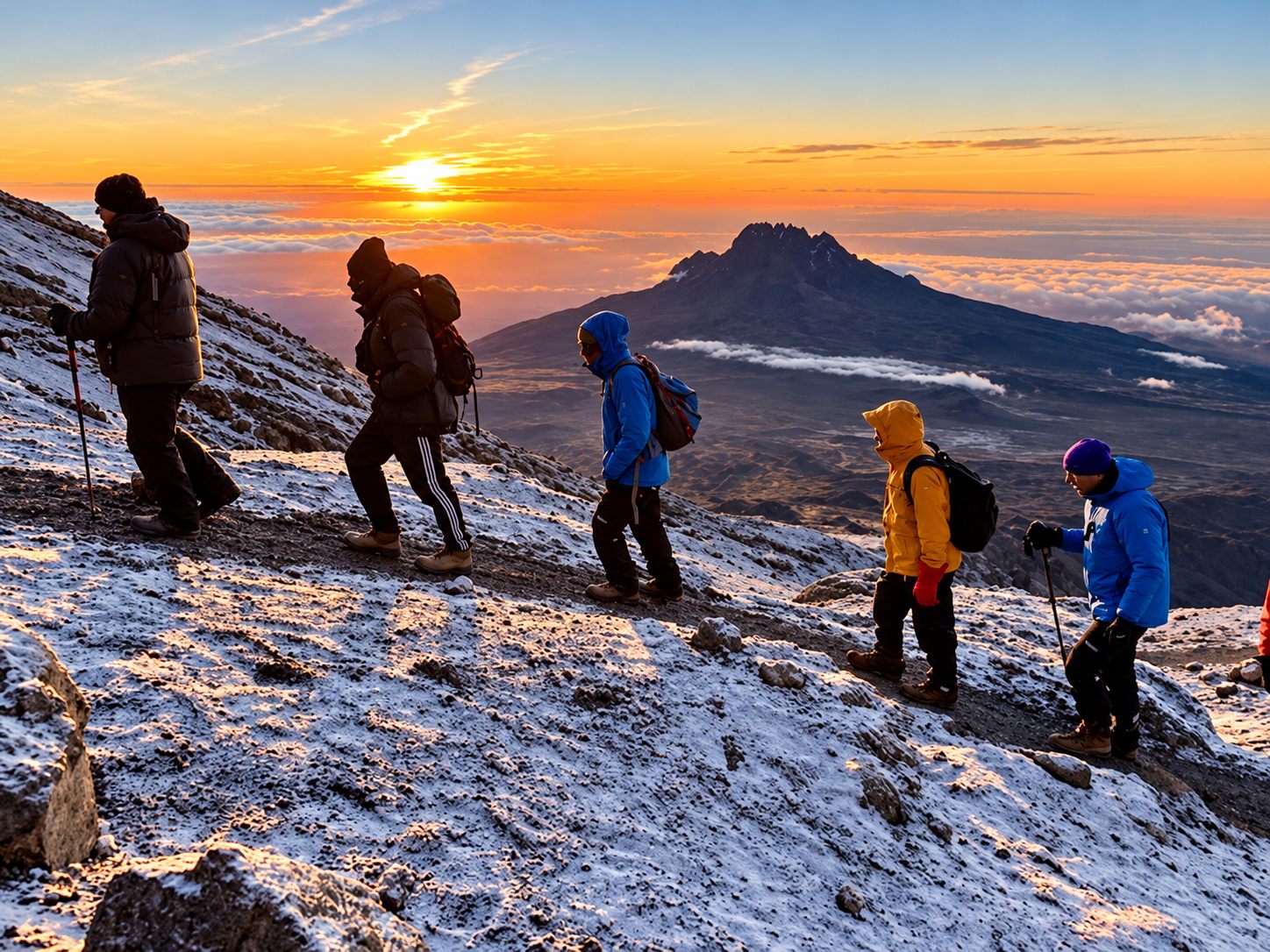 Trekkers climbing Mount Kilimanjaro at sunrise
