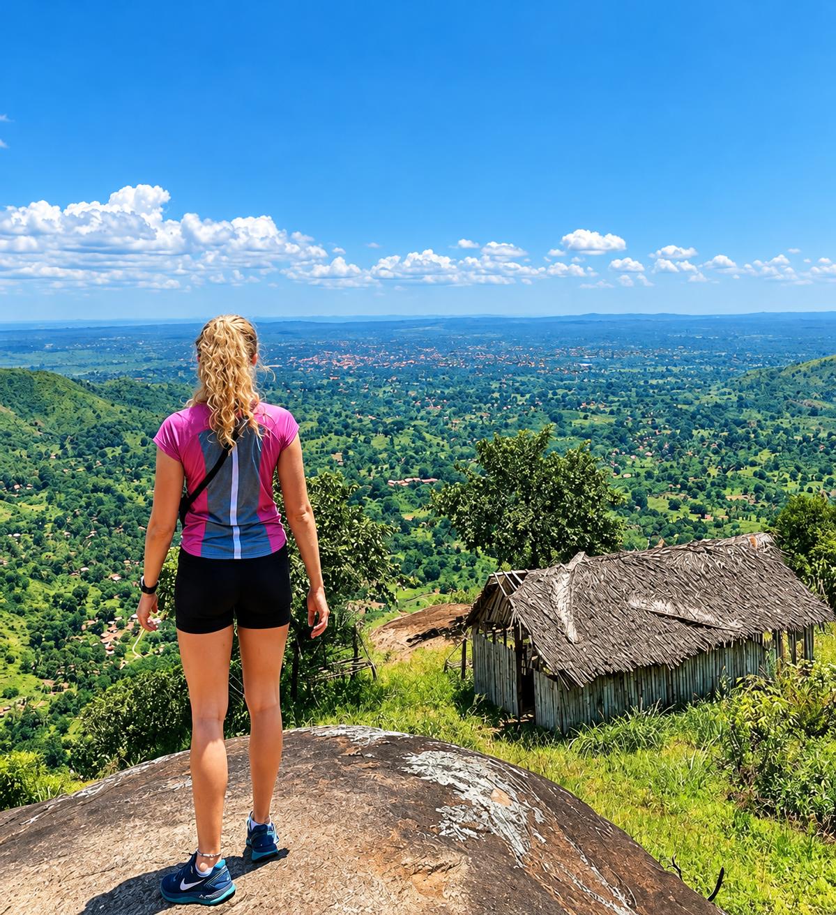 Hiker overlooking a lush Tanzania valley
